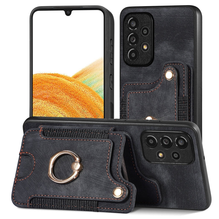 Black retro wallet phone case with card slots and metal ring strap