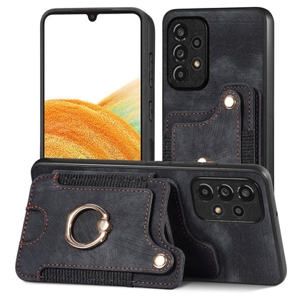 Black retro wallet phone case with card slots and metal ring strap