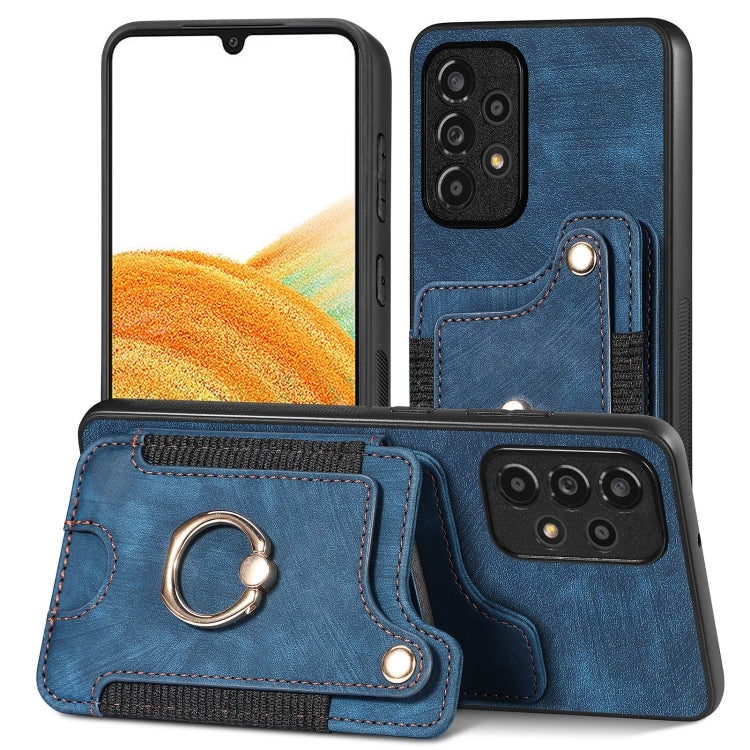 Blue retro wallet phone case with card holder and metal ring strap