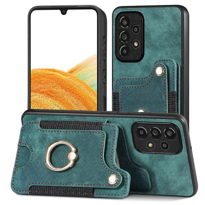 Green retro wallet phone case with card slots and metal ring strap