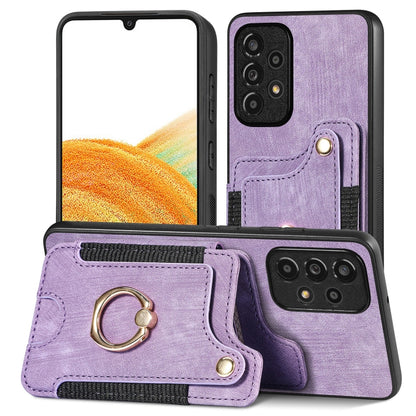 Purple retro wallet phone case with card slot and metal ring strap detail