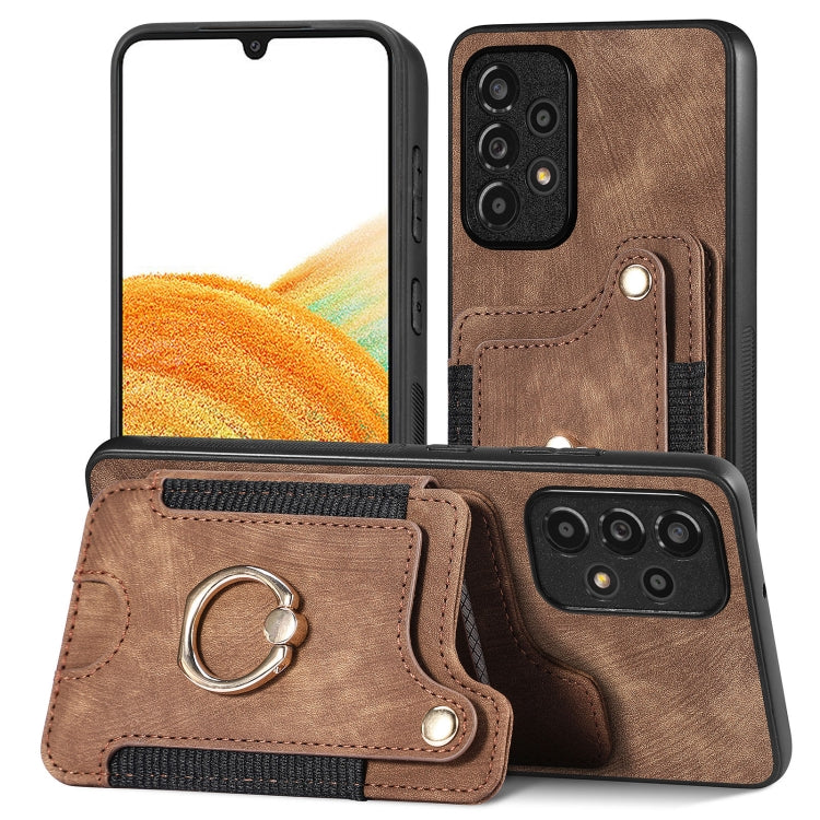 Brown retro wallet phone case with card slot and metal ring strap detail