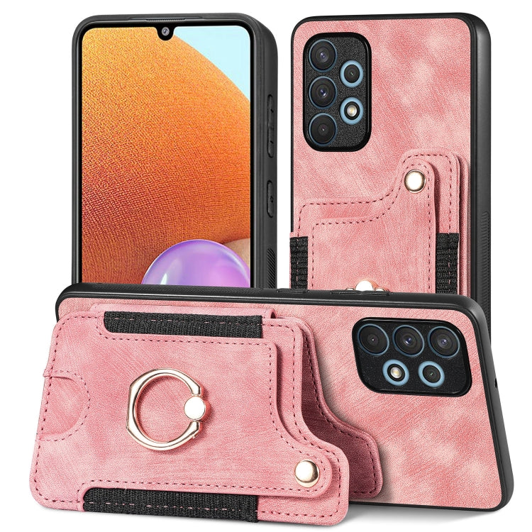 Pink phone wallet case with card slot and metal ring holder, textured finish.