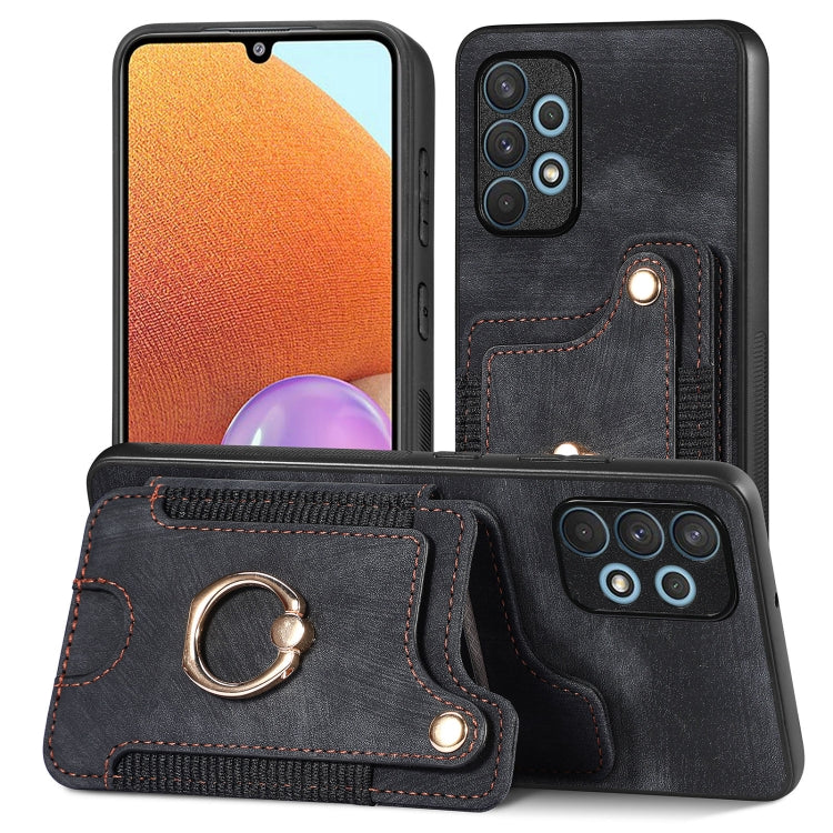 Black phone wallet case with card slot and metal ring holder, stitched texture.