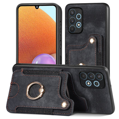 Black phone wallet case with card slot and metal ring holder, stitched texture.