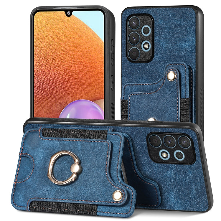Blue phone wallet case with card slot and metal ring holder, stitched leather-look.