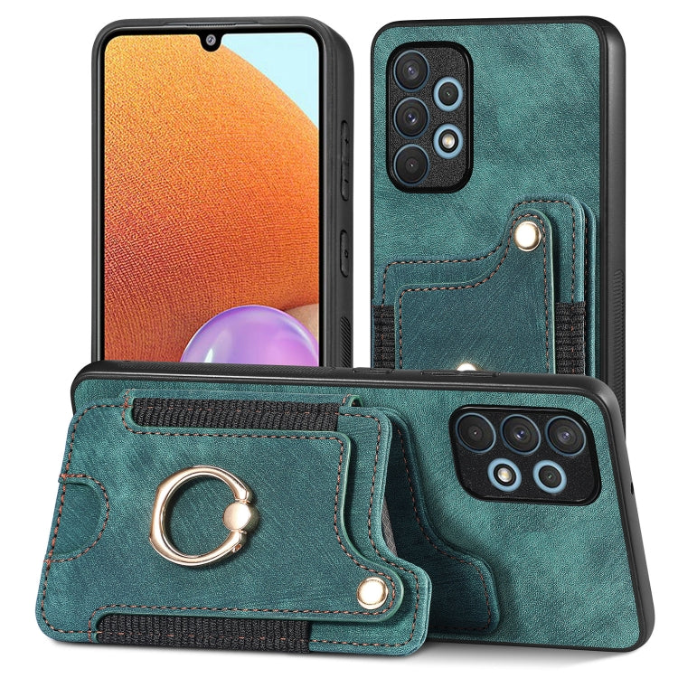 Green phone wallet case with card slot and metal ring holder, stitched leather-look.