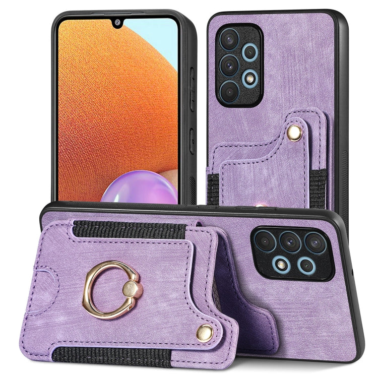 Purple phone wallet case with card slot and metal ring holder, stitched leather-look.