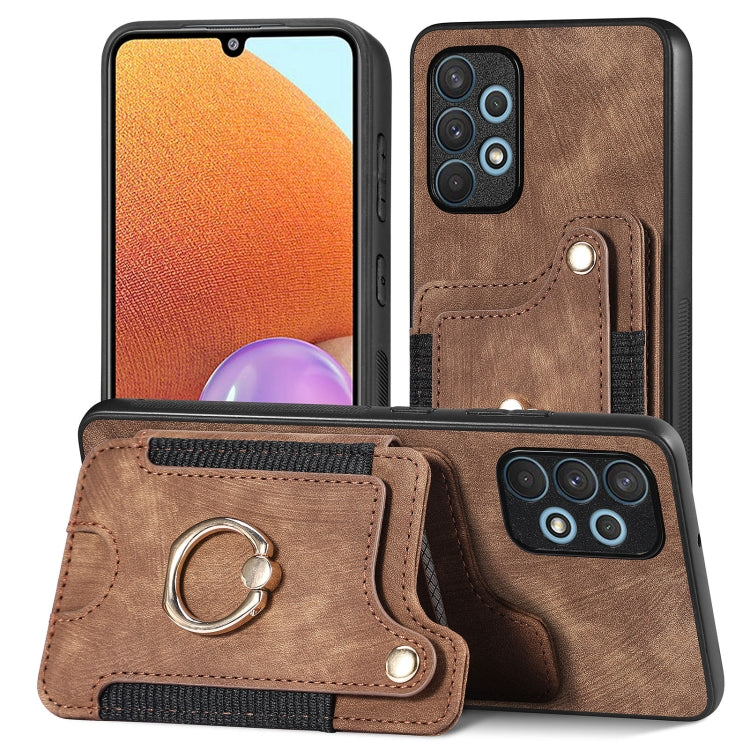 Brown phone wallet case with card slot and metal ring holder, stitched leather-look.