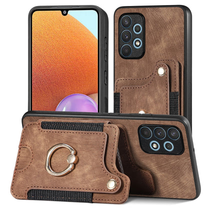 Brown phone wallet case with card slot and metal ring holder, stitched leather-look.
