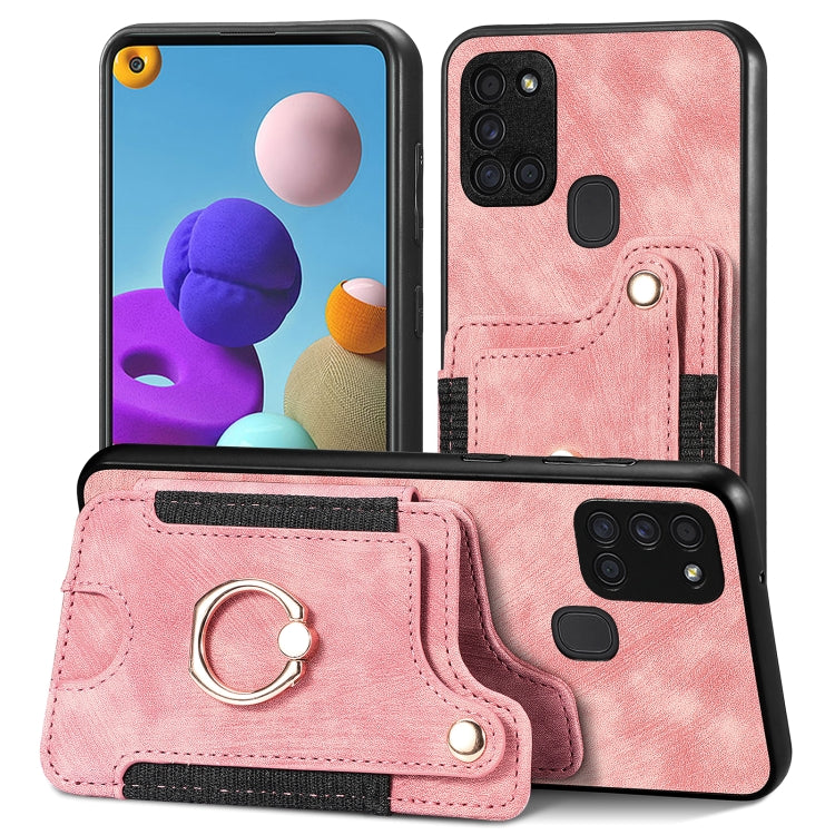 Pink phone wallet case with card slot and metal ring holder, textured leather-look.