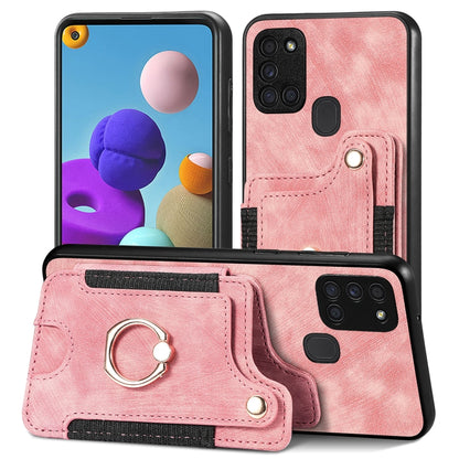 Pink phone wallet case with card slot and metal ring holder, textured leather-look.