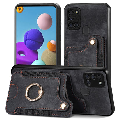 Black phone wallet case with card slot and metal ring holder, stitched leather-look.