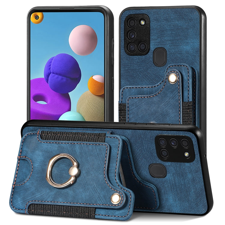 Blue phone wallet case with card slot and metal ring holder, stitched leather-look.