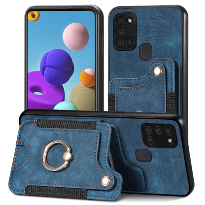 Blue phone wallet case with card slot and metal ring holder, stitched leather-look.