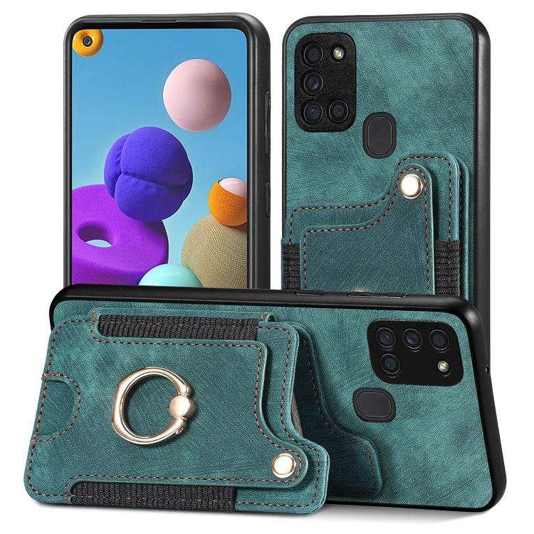 Green phone wallet case with card slot and metal ring holder, stitched leather-look.