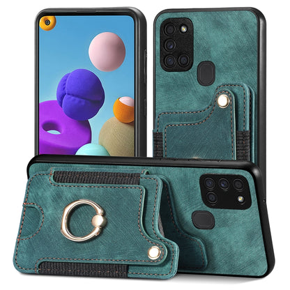 Green phone wallet case with card slot and metal ring holder, stitched leather-look.