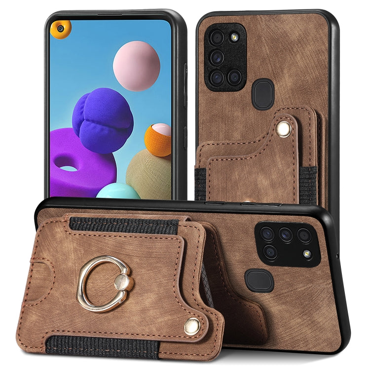 Brown retro wallet phone case with ring holder and multi-card sleeve