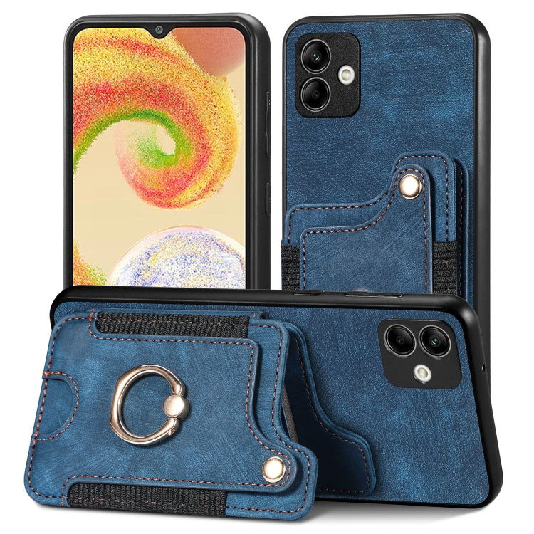 Blue retro wallet phone case with ring holder and multi-card sleeve