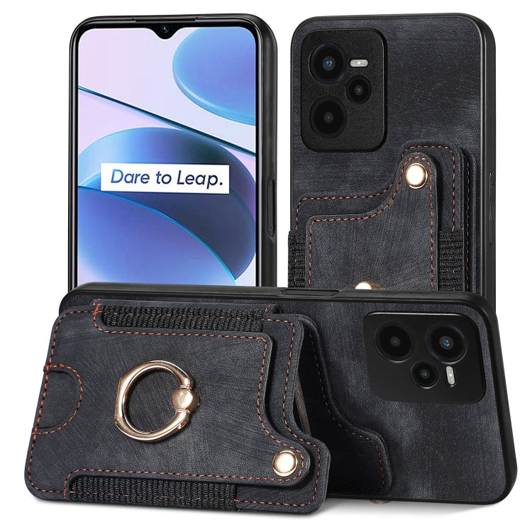 Dark gray/black retro wallet phone case with ring holder and multi-card sleeve