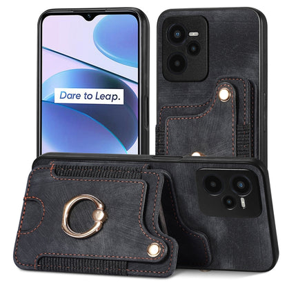 Dark gray/black retro wallet phone case with ring holder and multi-card sleeve