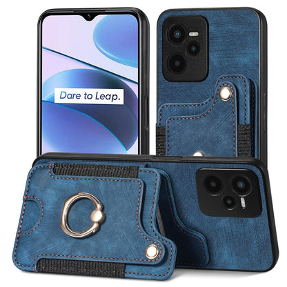 Blue retro skin-feel ring wallet phone case with card holder and kickstand