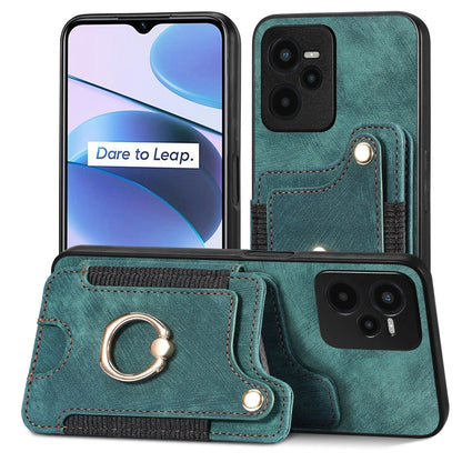 Teal retro skin-feel ring wallet phone case with card holder and detachable strap