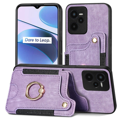 Purple retro skin-feel ring wallet phone case with card holder and metal ring