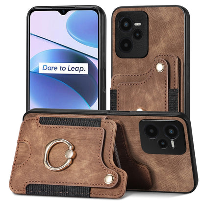 Brown retro skin-feel ring wallet phone case with card holder and metal ring