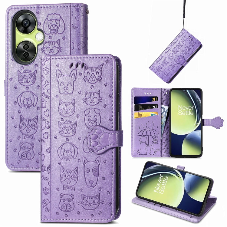 Purple cat and dog embossed leather phone wallet case with magnetic folio and card slots