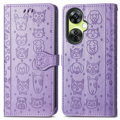 Purple cat and dog embossed leather phone wallet case with magnetic folio and card holder