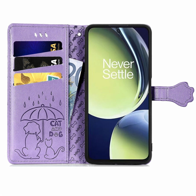 Purple cat and dog embossed leather phone wallet case with open card slots and folio cover