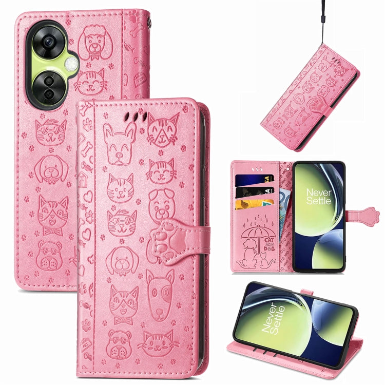 Pink cat and dog embossed leather phone wallet case with magnetic folio and card slots