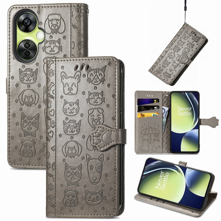 Gray embossed leather wallet phone case with cat and dog pattern, card slots, flip cover