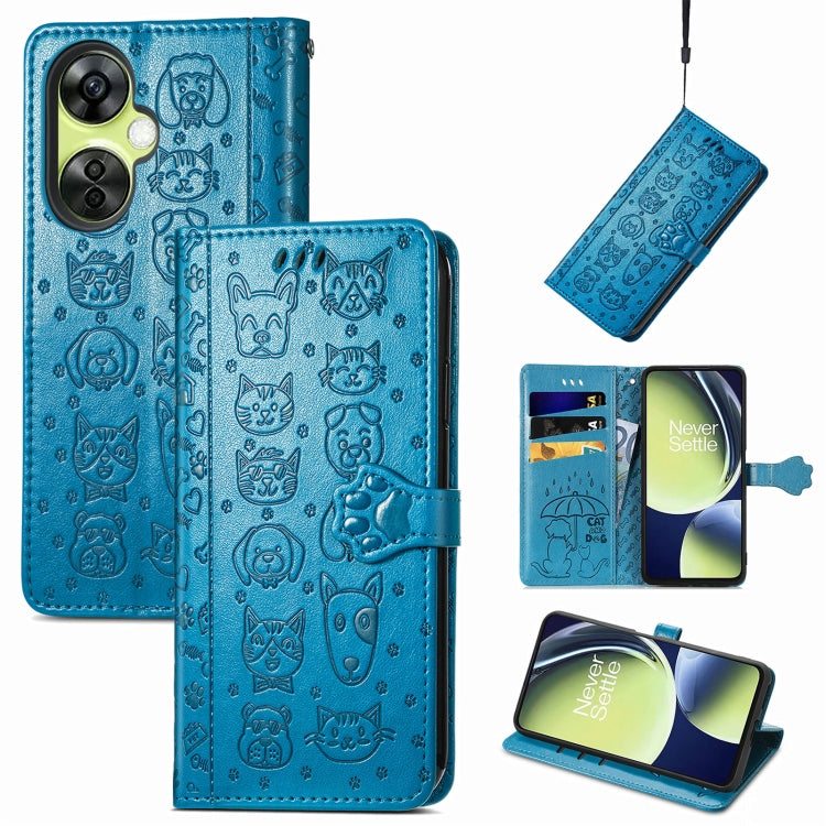 Blue embossed leather wallet phone case with cat and dog pattern, card slots, fold cover