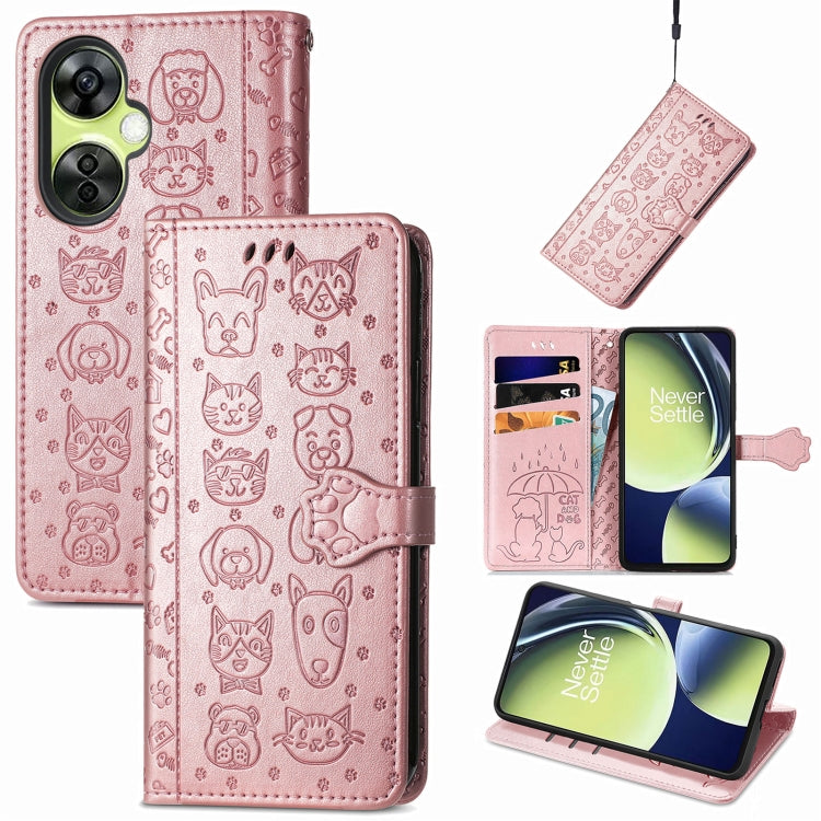 Light pink embossed leather wallet phone case with cat and dog pattern, card slots, flip