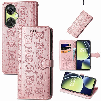 Light pink embossed leather wallet phone case with cat and dog pattern, card slots, flip