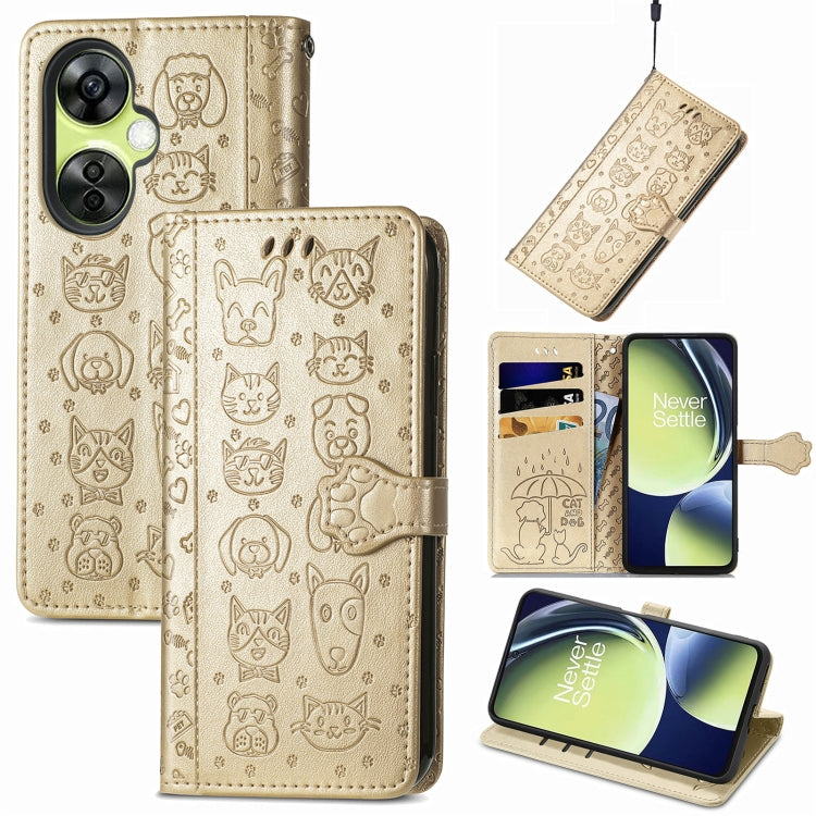 Gold-beige embossed cat-and-dog phone case with magnetic flap and stand
