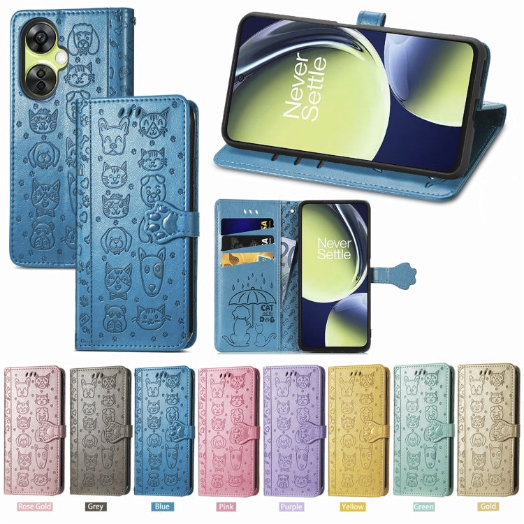 Blue embossed cat-and-dog phone case with magnetic flap and fold-out stand