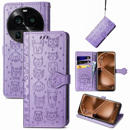 Purple cat and dog embossed leather phone wallet case with embossed pattern and card compartments