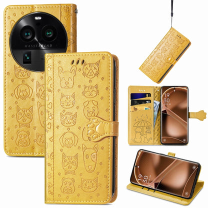 Gold cat and dog embossed leather phone wallet case with open card slots and folio cover