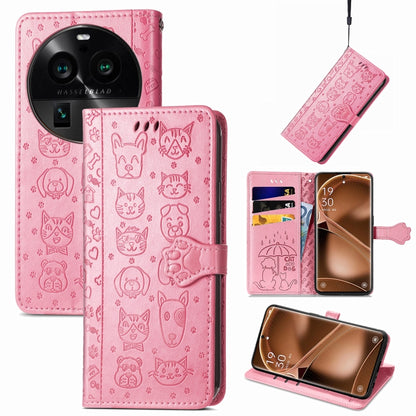 Pink embossed leather wallet phone case with cat and dog pattern, card slots, fold cover