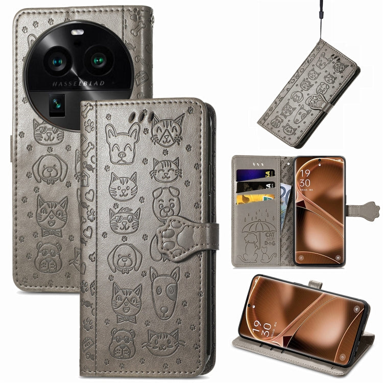 Gray embossed leather folio phone case with cat and dog pattern, card holder slots, flip