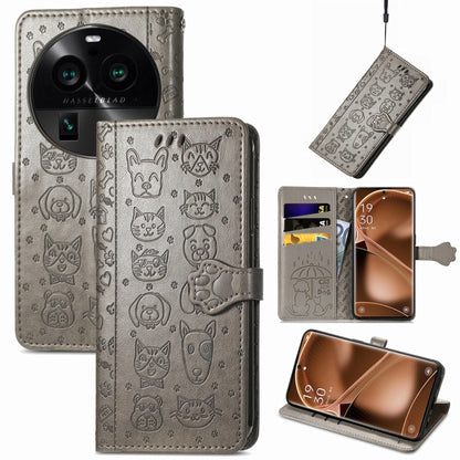 Gray embossed leather folio phone case with cat and dog pattern, card holder slots, flip
