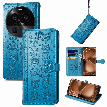 Blue embossed leather flip phone case with cat and dog pattern, card slots and side strap