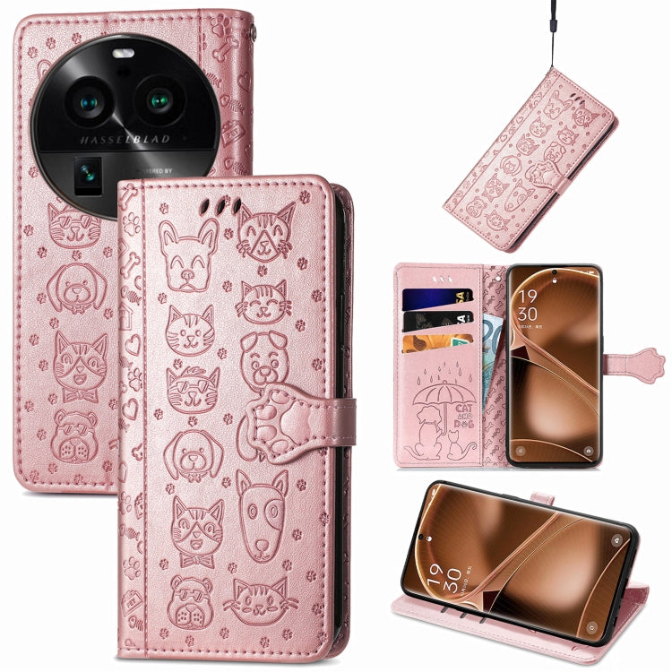 Pink embossed leather folio phone case with cat and dog pattern, card slots, fold cover