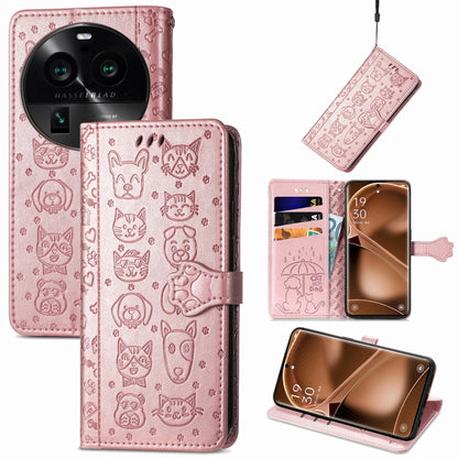 Pink embossed leather folio phone case with cat and dog pattern, card slots, fold cover