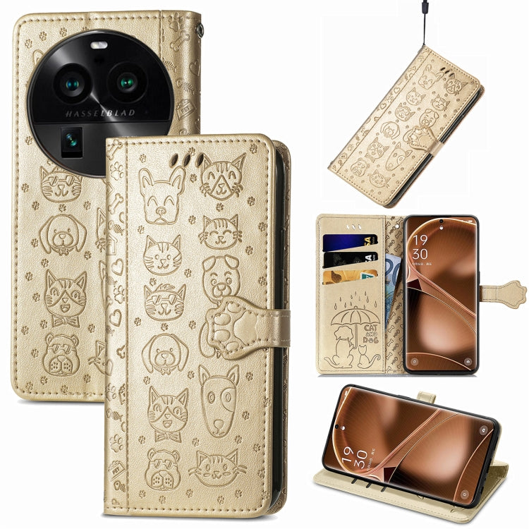 Light tan embossed cat-and-dog leather-style phone case with magnetic flap