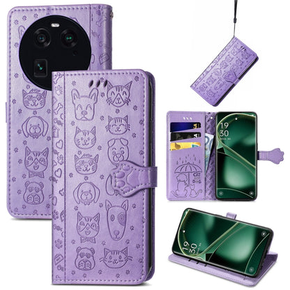 Purple cat and dog embossed leather phone wallet case with magnetic folio and card slots