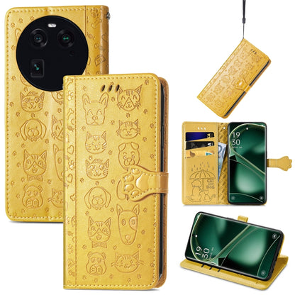 Gold cat and dog embossed leather phone wallet case with magnetic folio and card holder